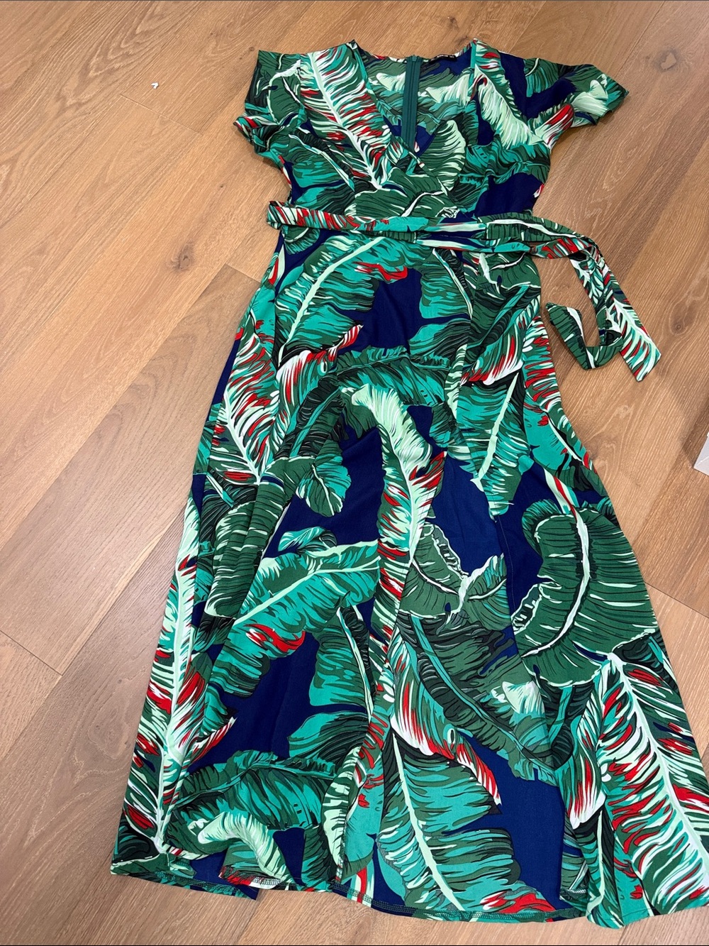 SHEIN Green & Navy Tropical Leaf Wrap Maxi Dress